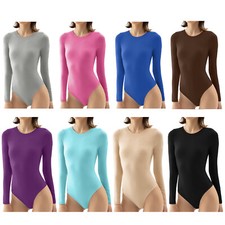 Womens Long Sleeve U/Round Neck Bodysuit Tops Slim Fit Stretchy T Shirt Jumpsuit