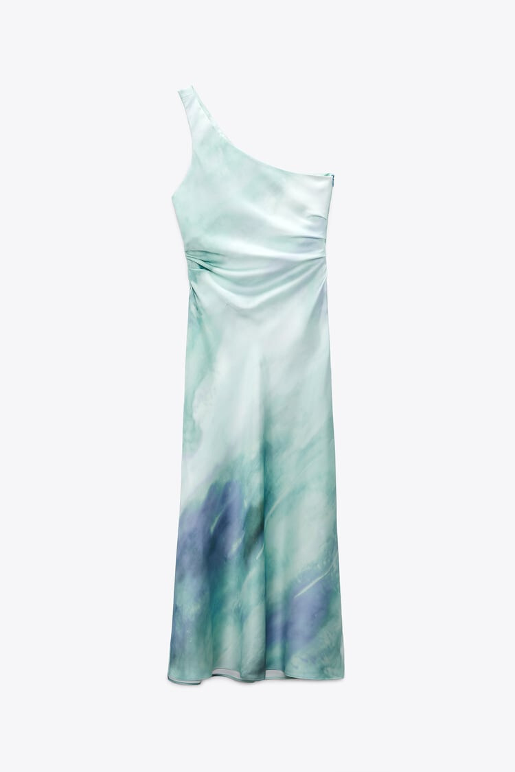 zara blue green satin dress ASYMMETRIC SATIN EFFECT MIDI DRESS - Duck blue
