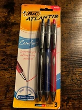 Pack of 3 Bic Atlantis Comfort Medium retractable ball pens Blue Black Red Ink