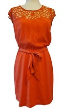 GUESS Dress Women 2 Coral Orange Floral Lace Chiffon Short Sleeve Belted Midi 