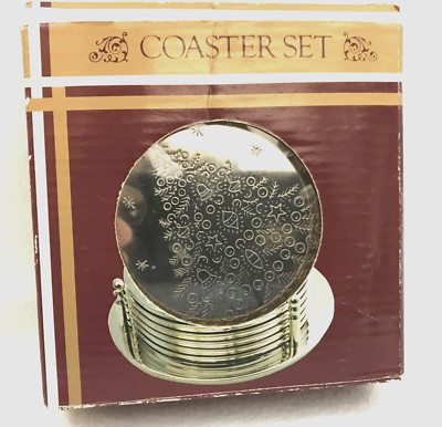 Coaster Set Christmas Tree Silver Plated 6 For Glasses 1 For Stand 7 Pcs VTG