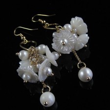 Pearl Imitation White Dangle With Mini Floral Cluster Wedding Bridal Earrings