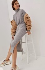 NWT Saturday Sunday Mariah Ribbed Knit Midi Dress Small Petite Gray Mock Neck