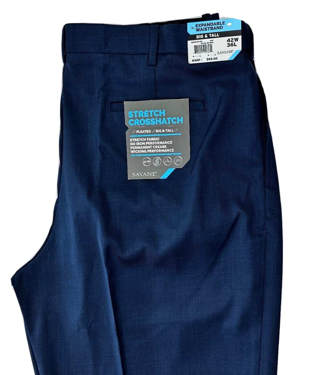 Savane Men's Blue Pleat Front Stretch Crosshatch Dress Pant Size