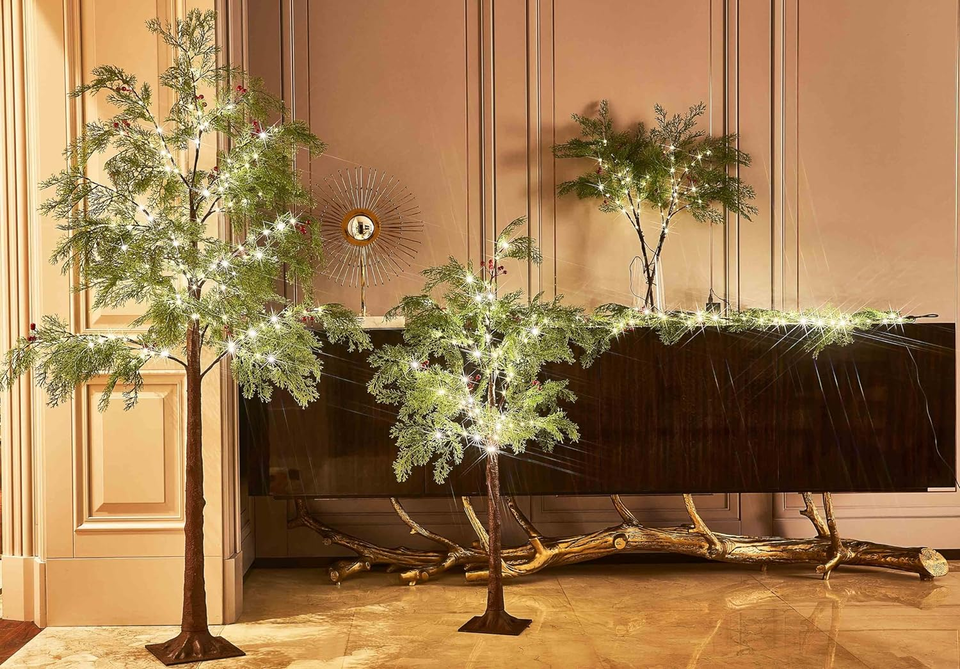 Lighted Cypress Pine Tree with Red Berry 90 Fairy Lights 4FT Plug In