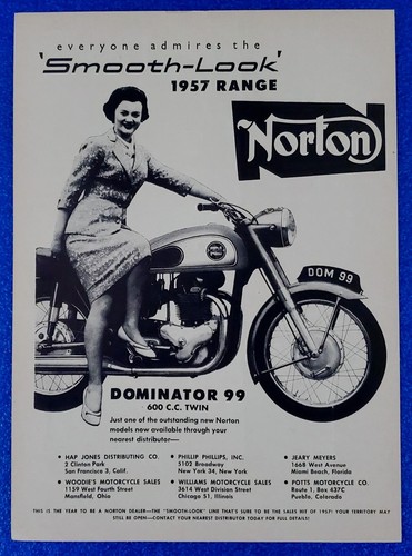 1957 NORTON MOTORCYCLE CLASSIC PRINT AD DOMINATOR 99 600cc TWIN "SMOOTH LOOK"