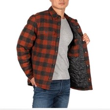 Mens Shacket Large Quilted Orange Gorpcore Sherpa Wool Buffalo Check Pockets