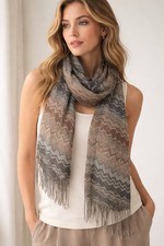 NWT Metallic Chevron Fringe Shawl Wrap Bronze Taupe Zigzag Boho Scarf Small Flaw