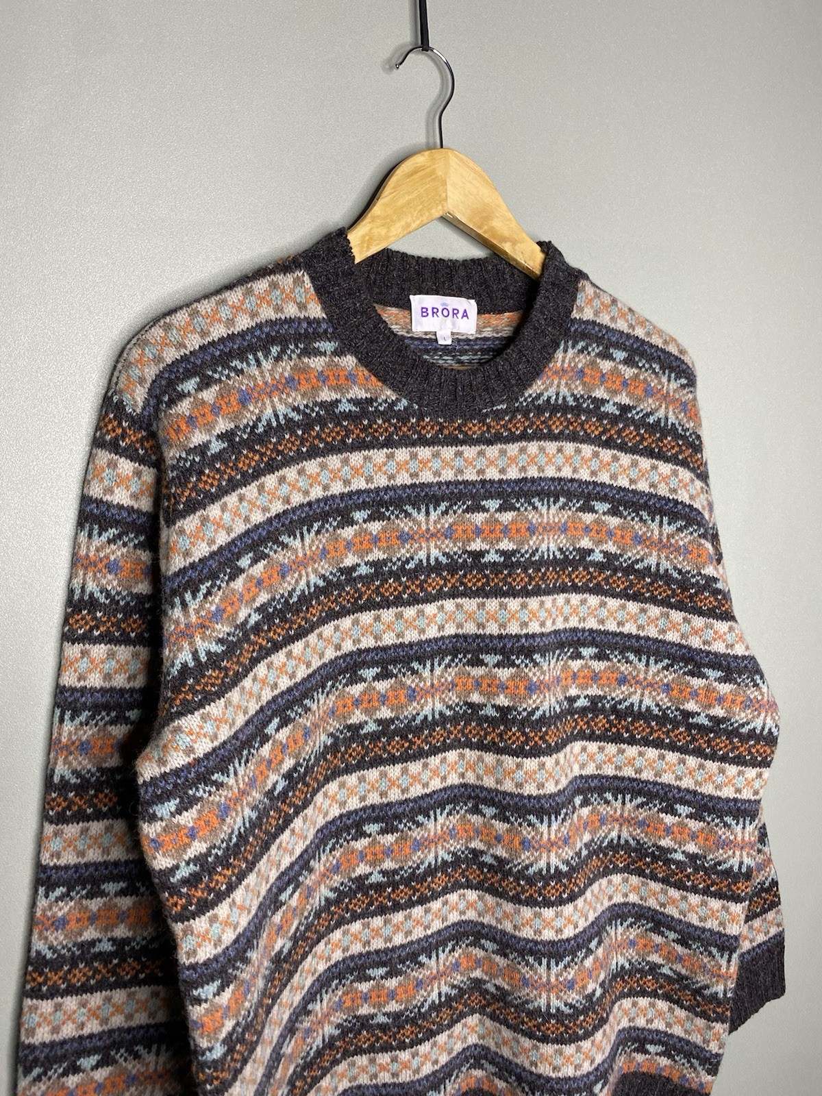 Brora Wool Fair Isle Pattern Size Large Mens Brown Blue Beige Sweater Knit Rare image 3