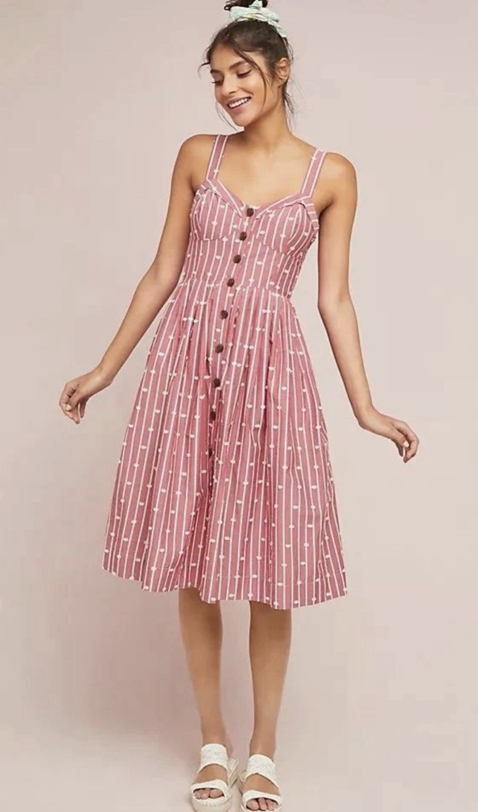 Maeve Anthropologie Hudson Dress Red White Striped Clip Dot Midi Size 6