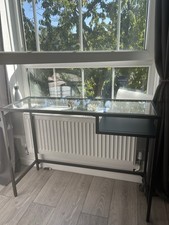 Glass Top Metal Frame Computer Desk with Drawer, Black, Modern Home Office