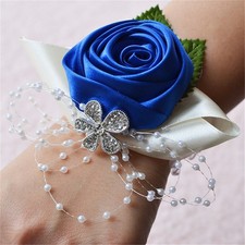 2pcs Package Wedding Prom Party Satin Rose Wrist Corsage Flower w/Pearl Rhine...