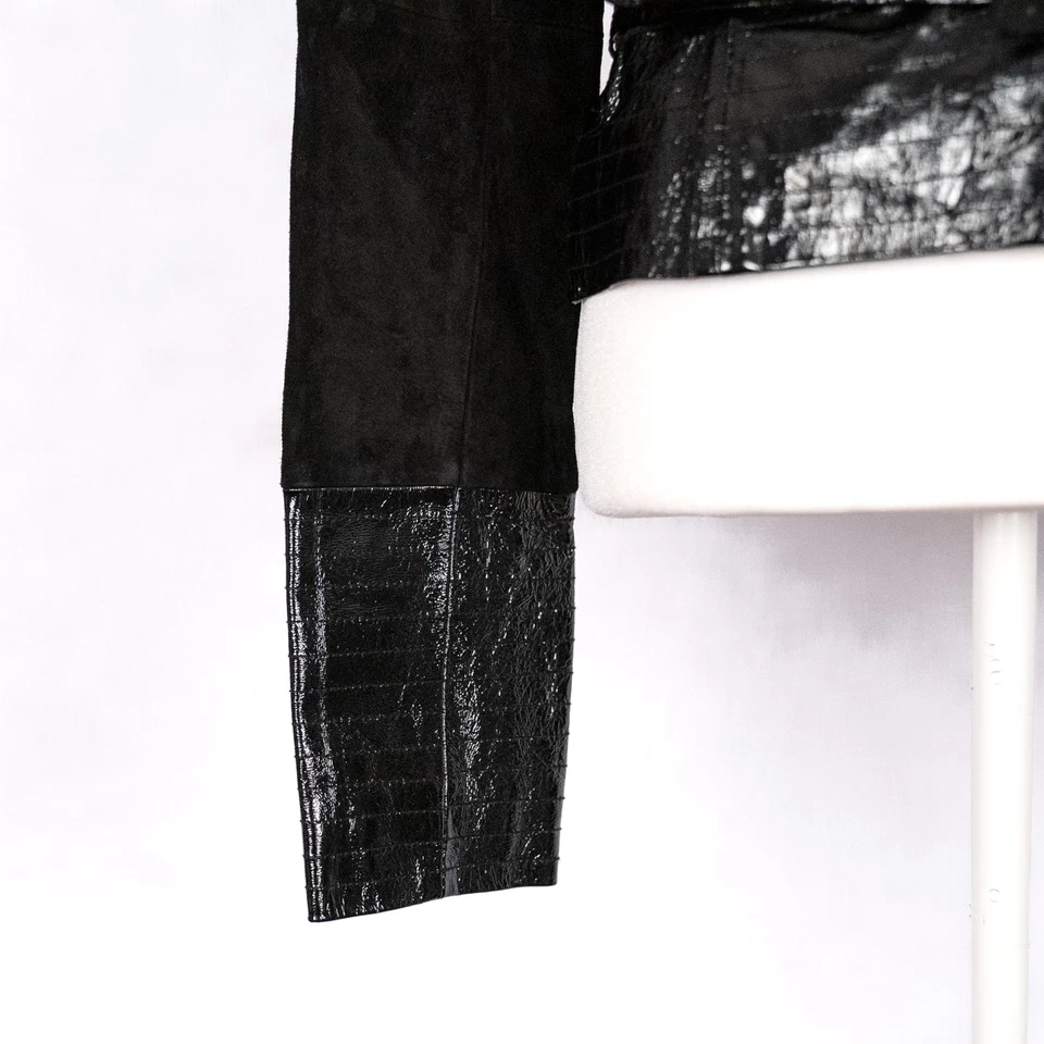 Kenar Vintage 80s 90s Suede Leather Crop Jacket MEDIUM Patent Cuffs Belted Moto - Imagem 3 de 4