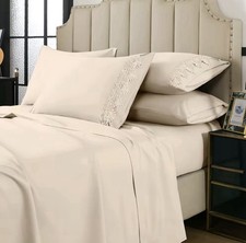 King beige Embroidered Solid Color Sheet Set for Bedroom, New with Tags
