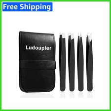 Elegant 4-Piece Tweezers Set with Leather Travel Case - Precision Grooming Tools