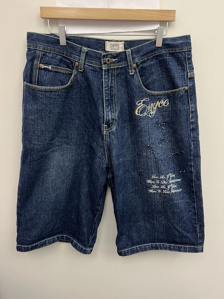 Shorts jeans vintage Enyce masculino tamanho 36 azul jeans caveira hip hop skatista Y2K - Imagem 2 de 4