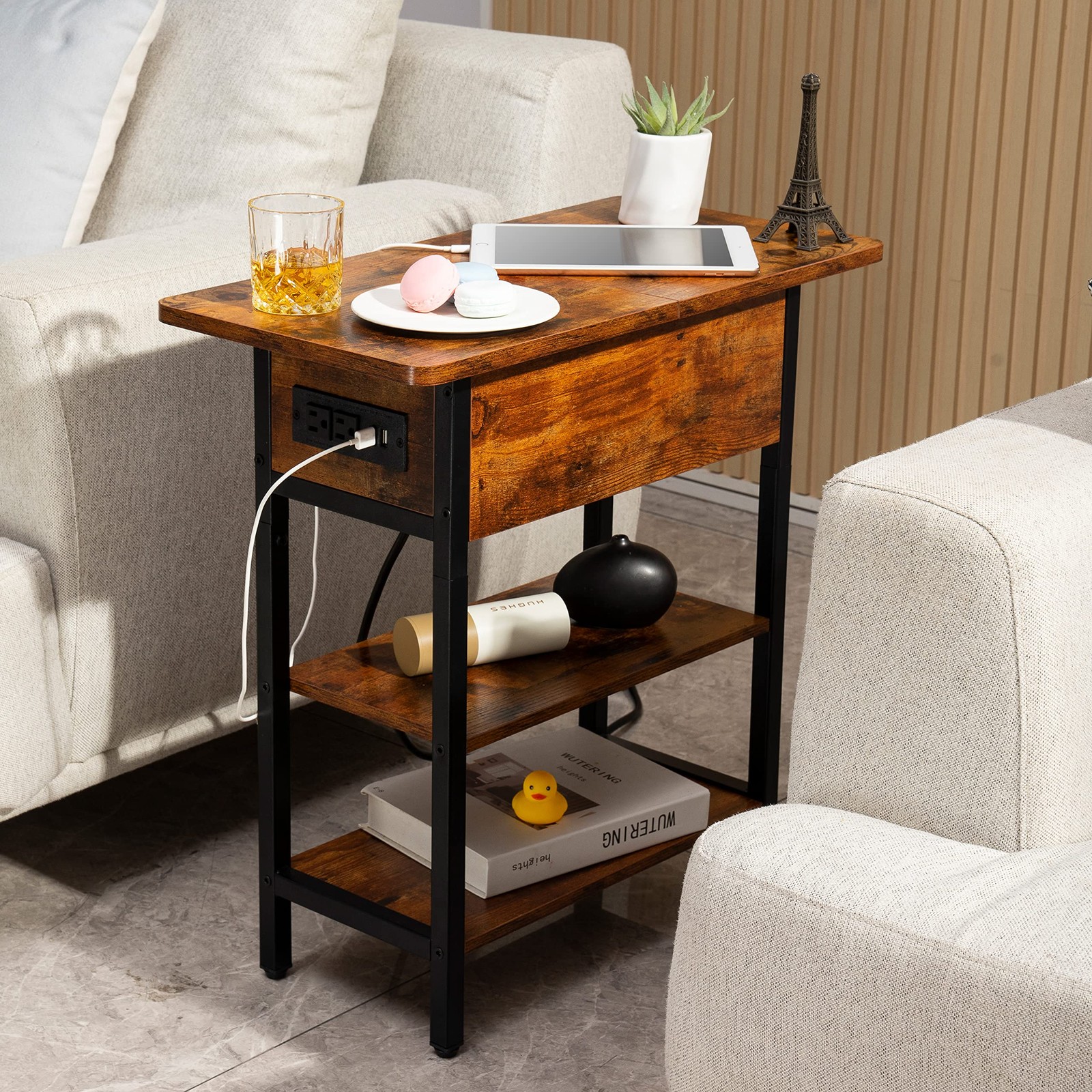 End Table with Charging Station, USB & Outlets, Flip Top Side Table with Storage