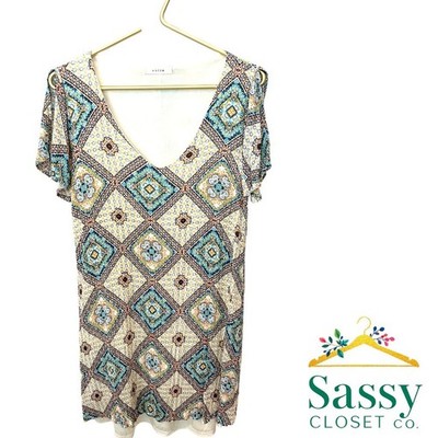 Entro Geometric Print Flutter Sleeve Dress Womens Size M White Blue