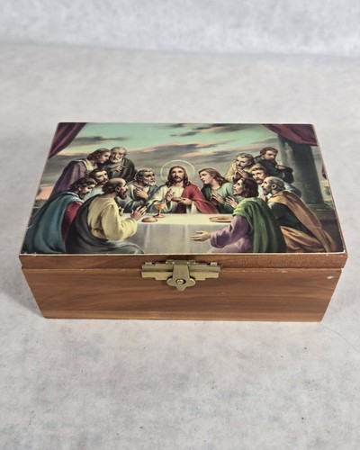 Vintage Cedar Trinket Box Jesus & the Last Supper Jewelry Desk 5.5" x 3.5" NICE