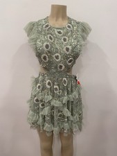 Mac Duggal 35101 Dress Seafoam Green Floral Mini Cutout Waist Sequin Beaded SZ 6