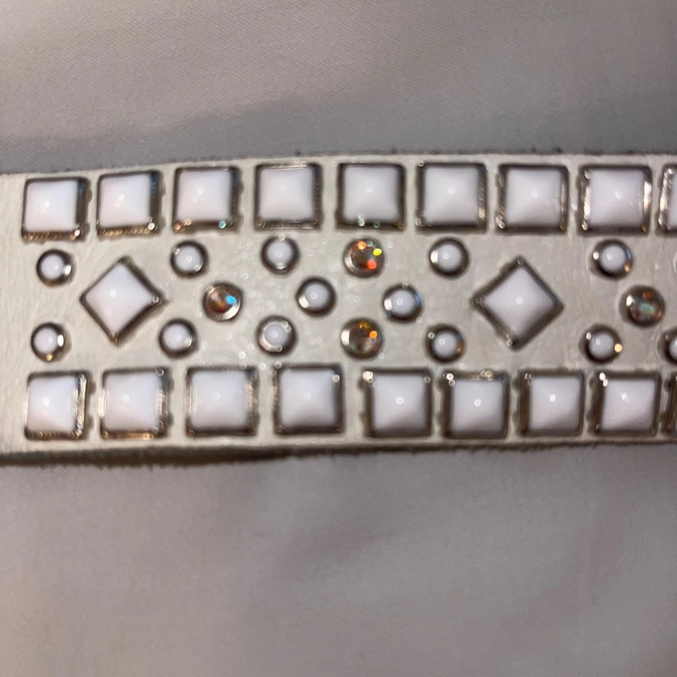 Rn Design Womens Belt Size Large White Leather Studded Swarosky Crystals - Image 3 of 4