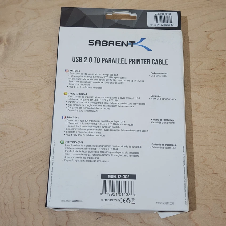 Sabernt USB to Parallel IEEE 1284 Printer Cable Adapter - Image 2 of 4