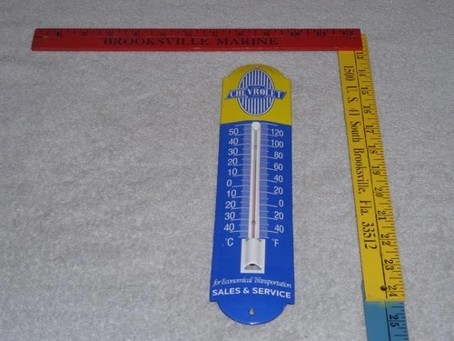 VINTAGE CHEVROLET BOWTIE 11 3/4" PORCELAIN METAL GASOLINE & OIL THERMOMETER SIGN
