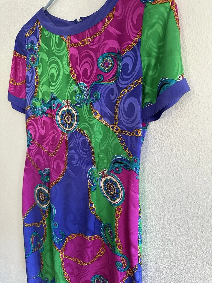 VTG Adrianna Papell Silk Dress 6 Baroque Chain Print 90s Glam Jewel Tone - Image 3 of 4