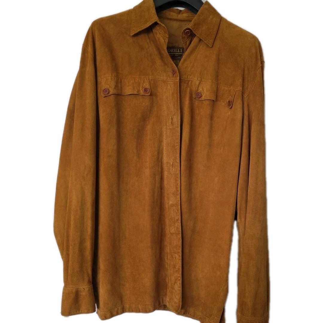 Vintage Sciorilli Roma Suede Leather Mens Buttondown Shirt Orange/Brown