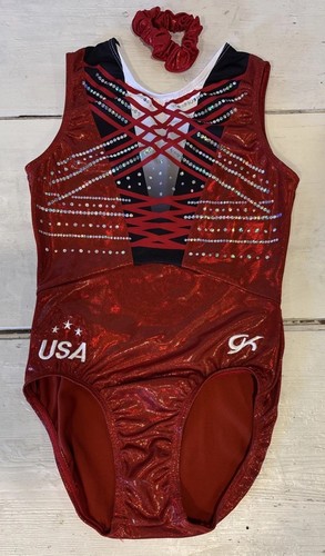 EUC GK Elite USA Adult Small Gymnastics Tank Leo Shiny Red Black w Scrunchie