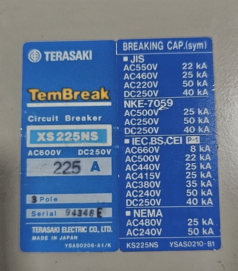 Terasaki Tem Break XS225NS 225A Circuit Breaker AC600V Motor