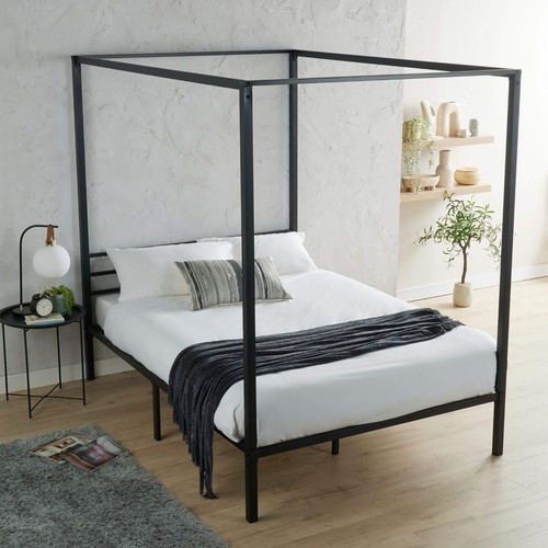 Double Metal Canopy Bed 4 Poster Black Frame Home Modern Bedroom Furniture - Picture 2 of 7