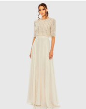 MAC DUGGAL 9180 CHIFFON W/FULLY BODICE BEADED SHORT SLEEVE A-LINE NUDE GOWN sz 6