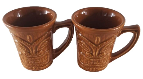 Vintage Tiki Mugs Cups W Handles Set of 2 Brown Polynesian Flair Retro Hawaiian