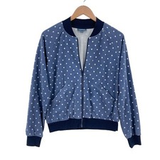 Modcloth Jacket Womens Medium Blue White Polka Dots Long Sleeve Pockets Full Zip