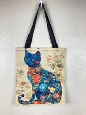 Fujian Floral Blue Cat Print Polyester Tote Bag, NWOT