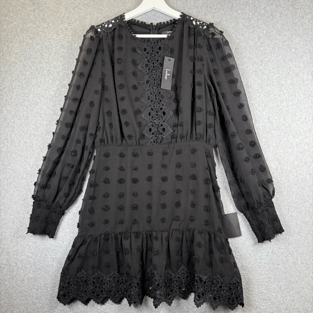 Lulus Medium Lust or Love Mini Dress Black Embroidered Lace Long Sleeve NWT Lulus Medium Lust or Love Mini Dress Black Embroidered Lace Long Sleeve NWT