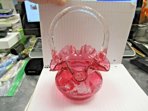 Fenton Cranberry Glass Mary Gregory Boy Fishing 8" Basket 1826/2250 Mendenhall