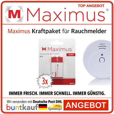 Maximus 9V Block 6LR61 MN1604 Batterien Kraftpaket für Rauchmelder 3x Blister