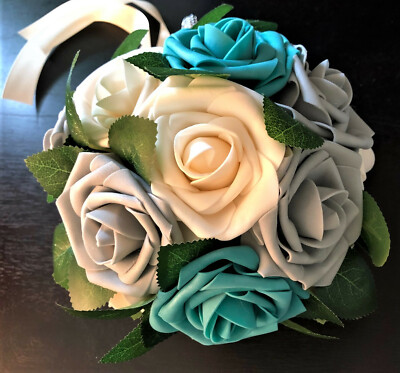 Turquoise, Gray Cream Faux Rose Bridal Wedding Bouquet Vintage Brooch  Frill