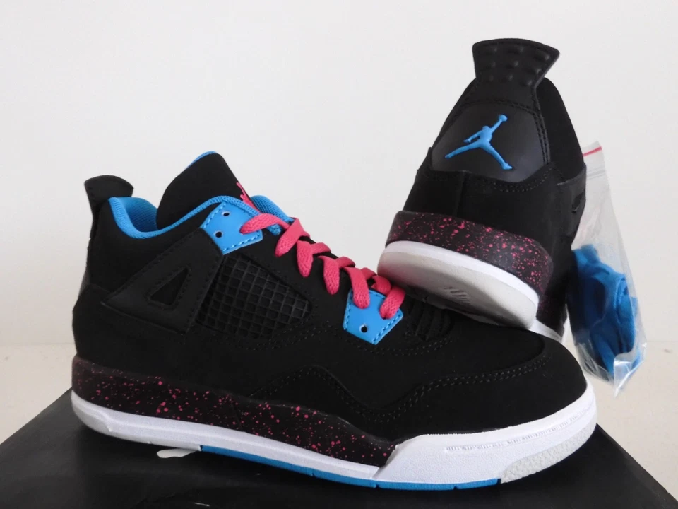 Nike Niñas Air Jordan 4 Retro Ps Negro-Rosa Vivo-Azul Dyn Talla 3Y [487725-019] Foto 2 de 4