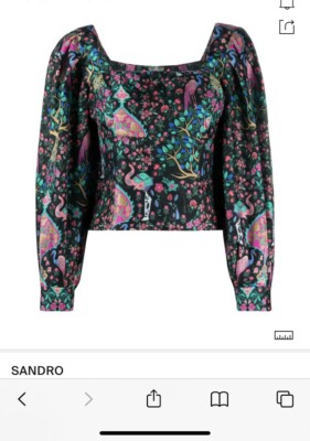 SANDRO Ivea Black Printed Silk Long Sleeve Top FR Size 1