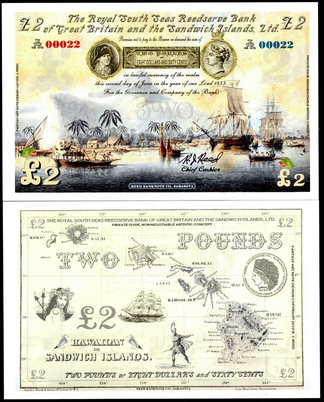 SANDWICH ISLANDS (HAWAII) TWO POUNDS FANTASY ART NOTE CAPT. COOK QUEEN VICTORIA!