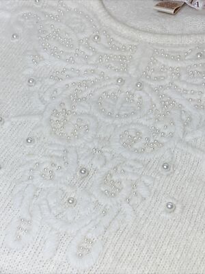 Vintage Angora Sweater Size XXL Wool Silk Blend Beaded Pearl Embellished  80 s