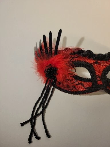 Adult Black Red Lace Sequin Feather Masquerade Flamenco Halloween Costume Mask - Image 3 of 4