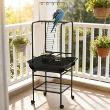 Easy-Clean Dark Gray Portable Bird Stand w/ Wheels, 3 Perches  Bowls