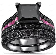 3Ct Princess Cut Lab-Created Black Diamond Bridal Ring Set 14K Black Gold Over