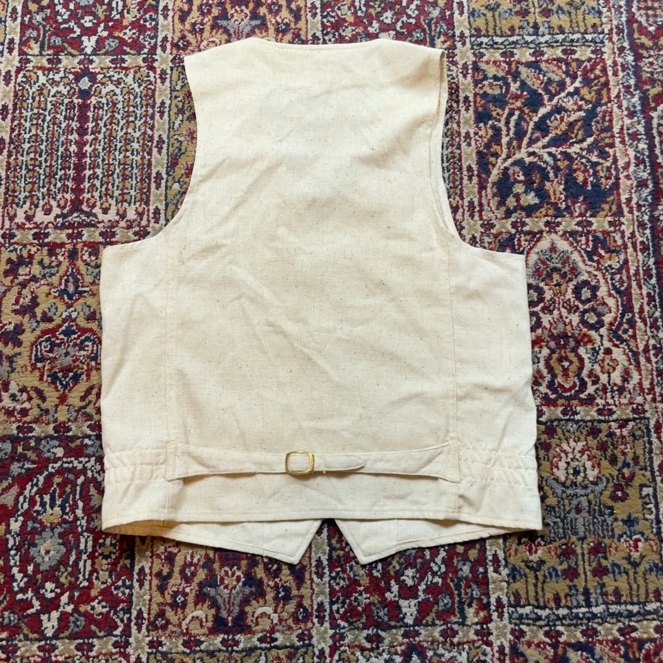 VTG 60s 70s Tobias Kotzin 42L Beige Brown Linen Buckle Back waistcoat vest USA - Image 2 of 4