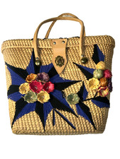 Vintage 1960 Woven Straw Basket Purse Vibrant Floral Accents 12" x 9" Handmade