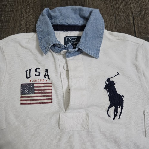 Polo Ralph Lauren Shirt Kids Size 6 USA Flag Blue Button Collar White - Picture 2 of 10